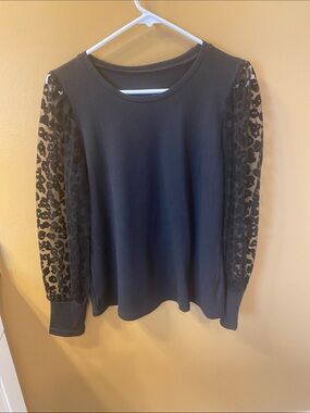 Women’s Black Top with Sheer Leopard-Print Sleeves